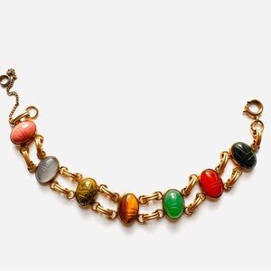 70s 12K GF Scarab Bracelet Semiprecious Stones Vintage
